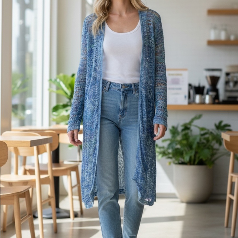 Chicos Crochet Watercolor Cardigan Duster Size 3 Blue Green Light Weight